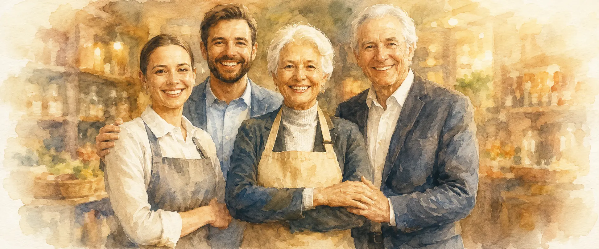 Three generations of a family standing together inside their family business