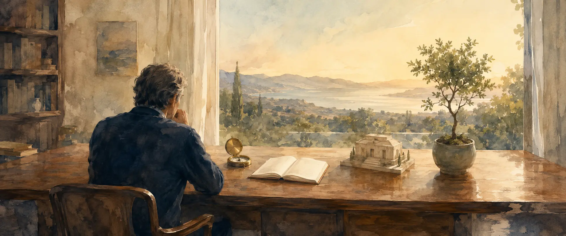A watercolour study of a private investor considering a compass, notebook, architectural model and young tree