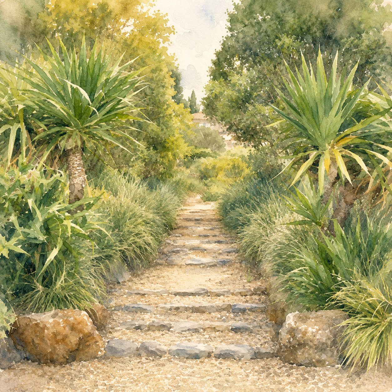 Stone steps rising through a garden towards an open sunlit landscape