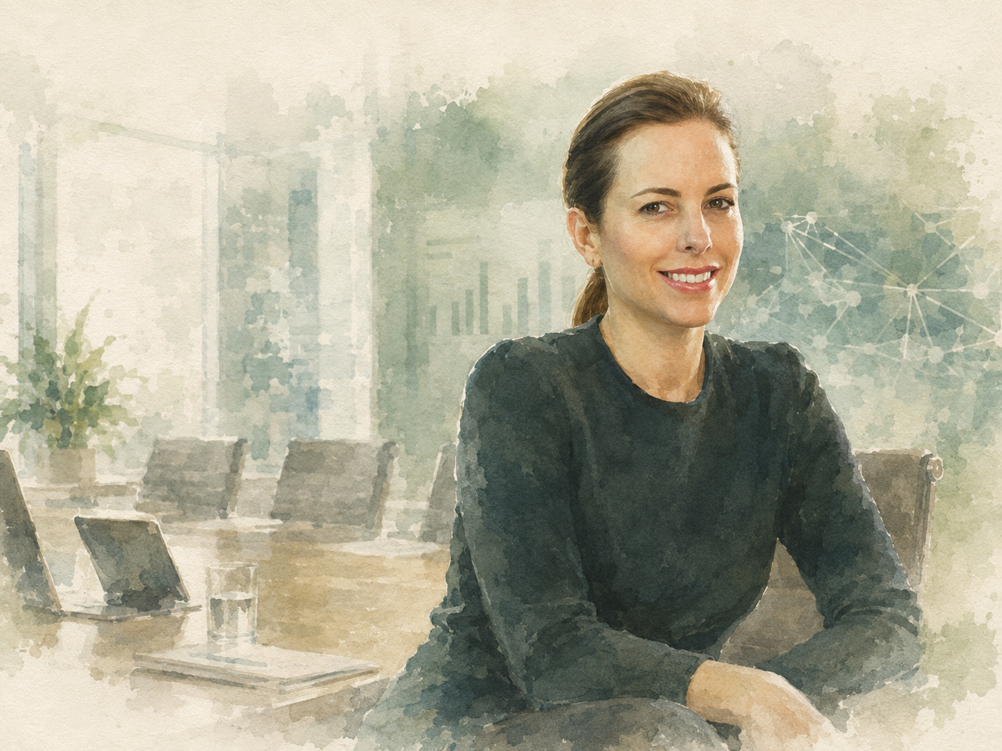 Watercolour portrait of Blanca Treviño in a contemporary technology and boardroom setting.