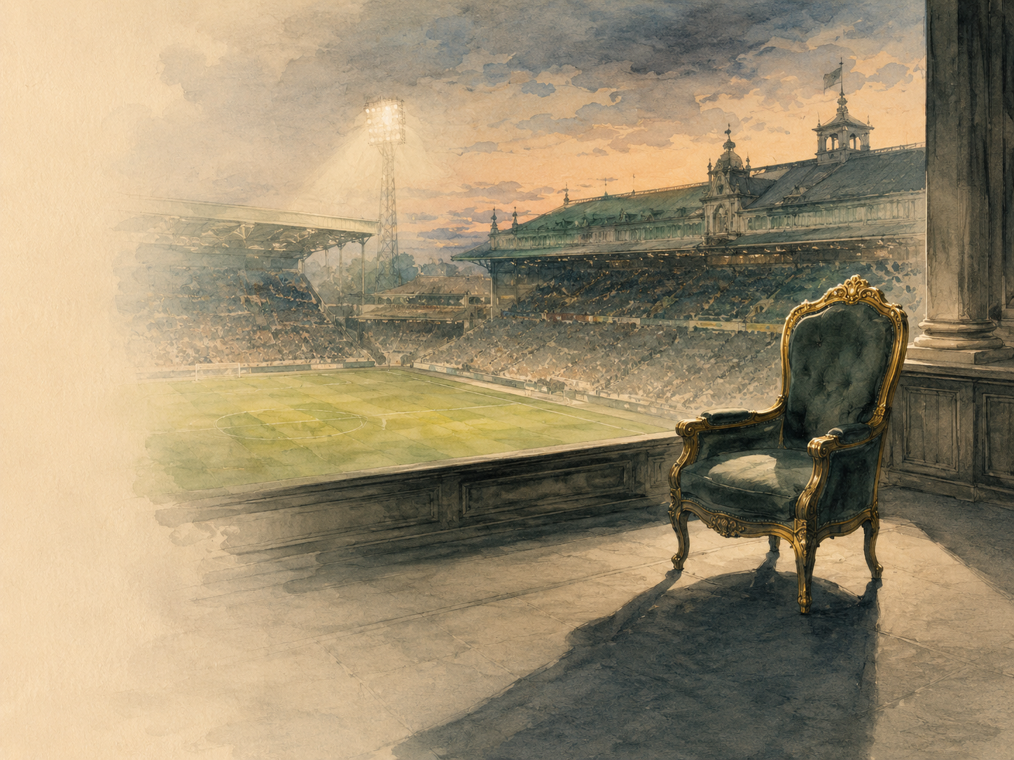 An empty gilded owner's chair overlooking a historic football stadium under floodlights