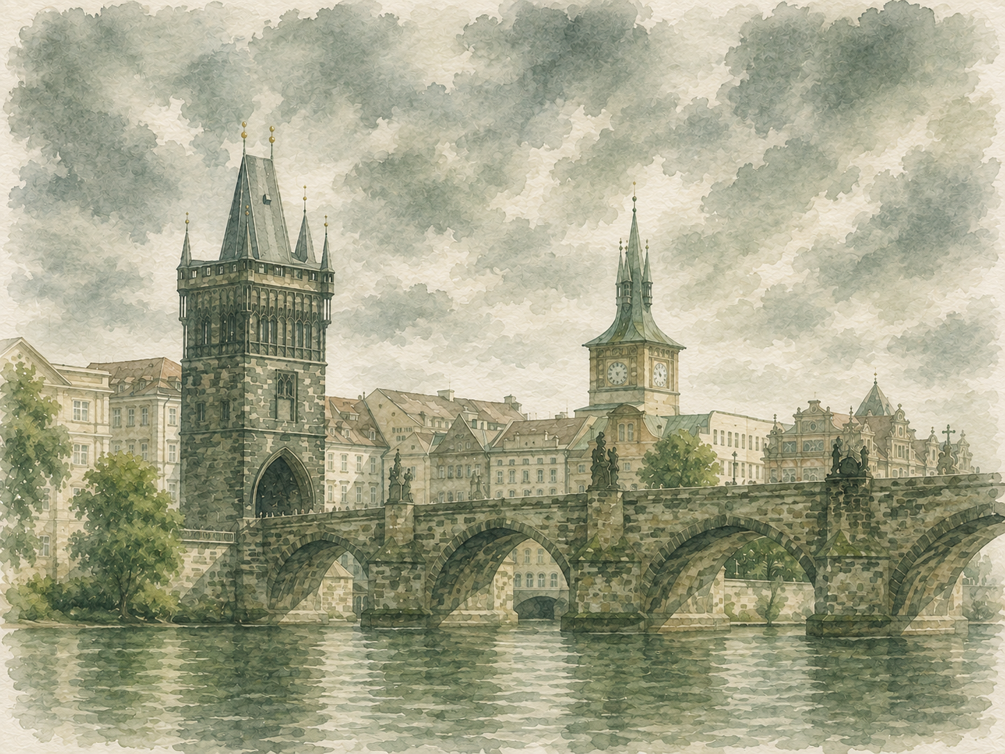 Watercolour illustration of Charles Bridge in Prague