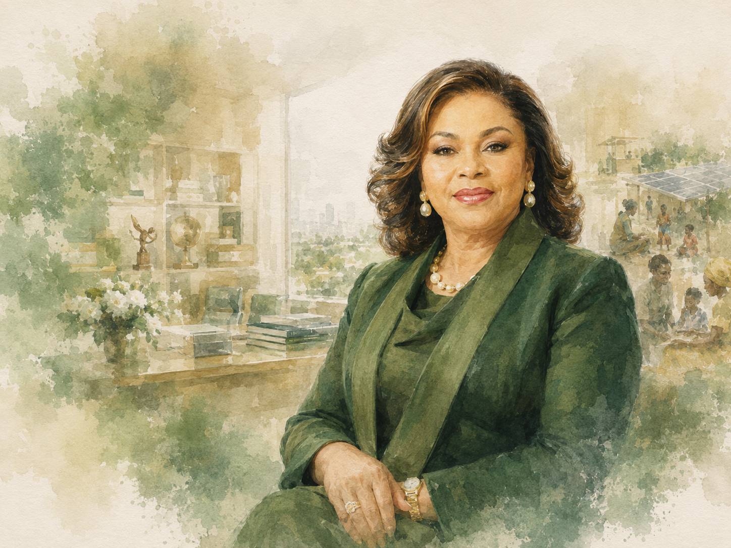 Watercolour portrait of Folorunso Alakija in a refined setting suggesting enterprise, philanthropy and community impact.