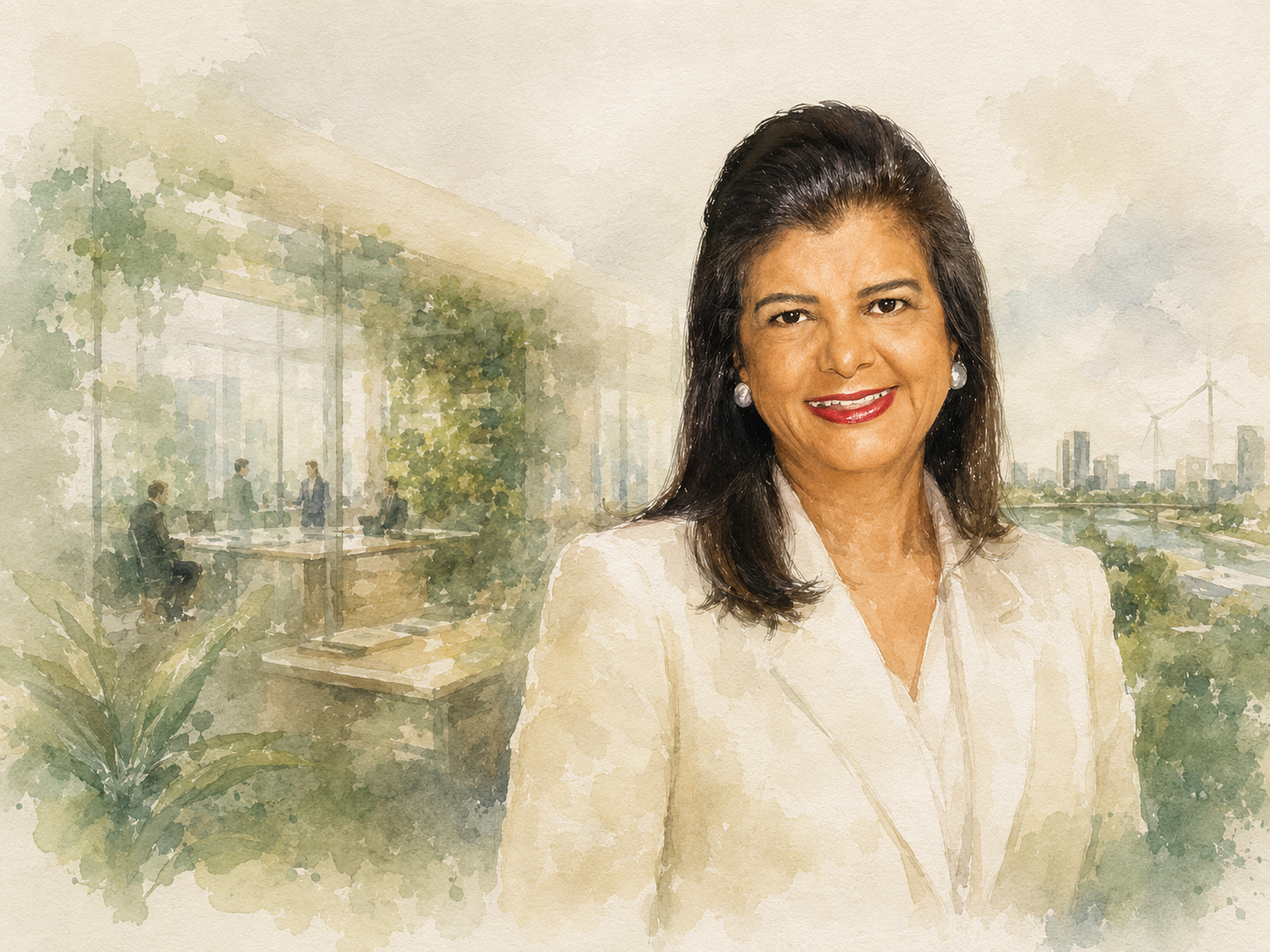 Watercolour portrait of Isabel Noboa in an entrepreneurial setting suggesting development, renewal and enterprise.