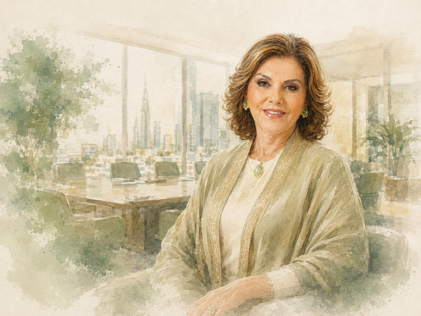 Watercolour portrait of Lubna Olayan in a contemporary Gulf boardroom setting suggesting institution-building and governance.