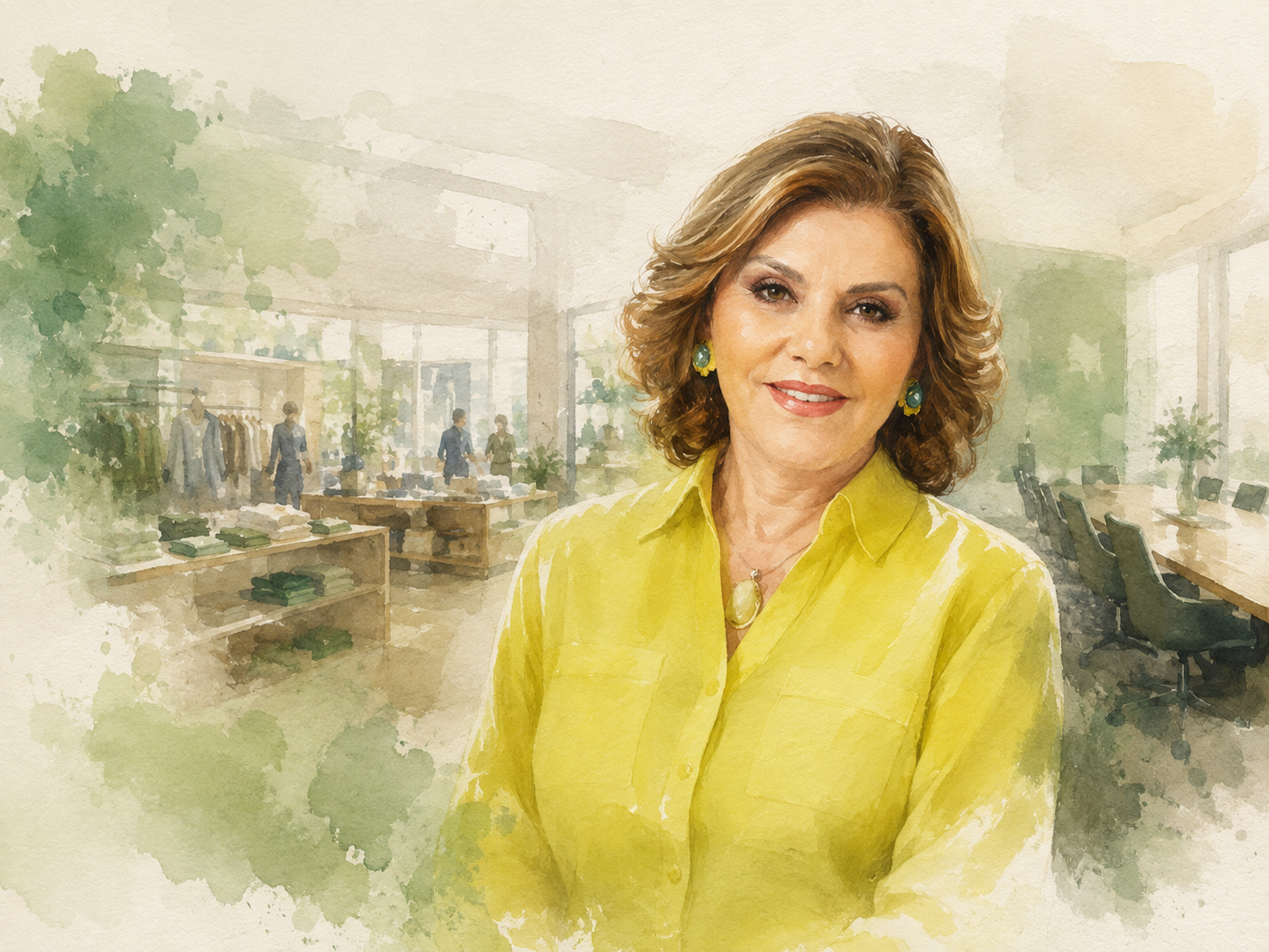 Watercolour portrait of Luiza Helena Trajano in a softly suggested retail and boardroom setting.