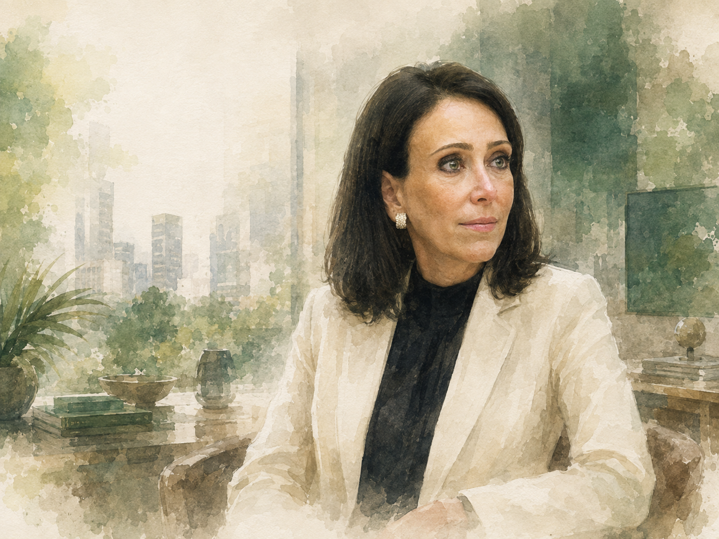 Watercolour portrait of María Asunción Aramburuzabala in a refined investment setting suggesting reinvention after liquidity.