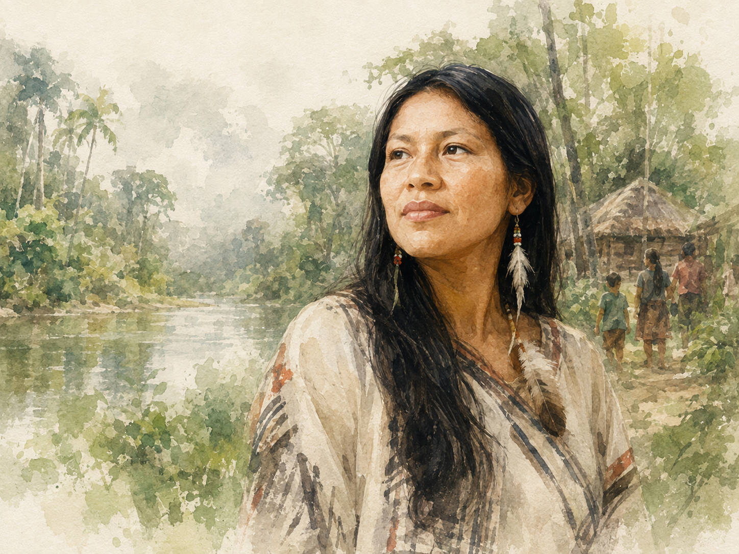Watercolour portrait of Nemonte Nenquimo in the Ecuadorian Amazon, evoking land, community and guardianship.