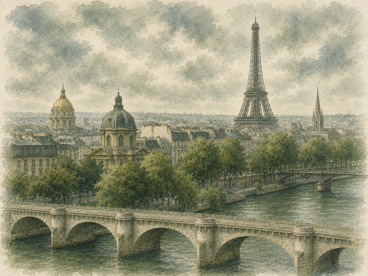 Watercolour illustration of Pont Neuf and the Paris skyline