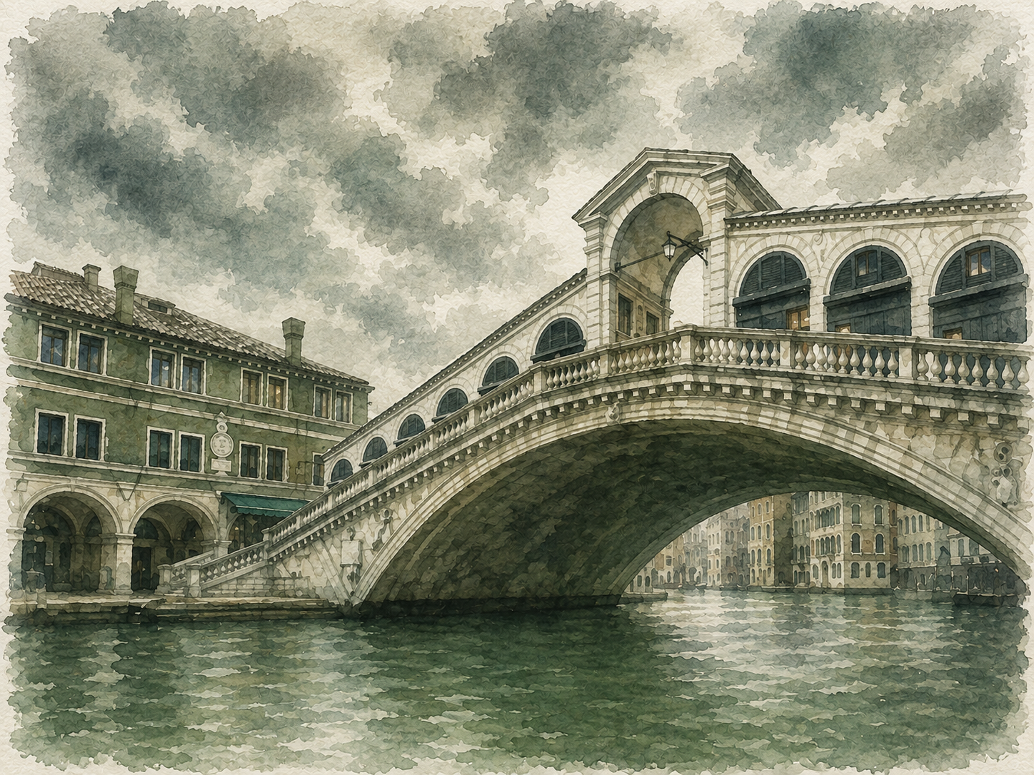 Watercolour illustration of the Rialto Bridge in Venice