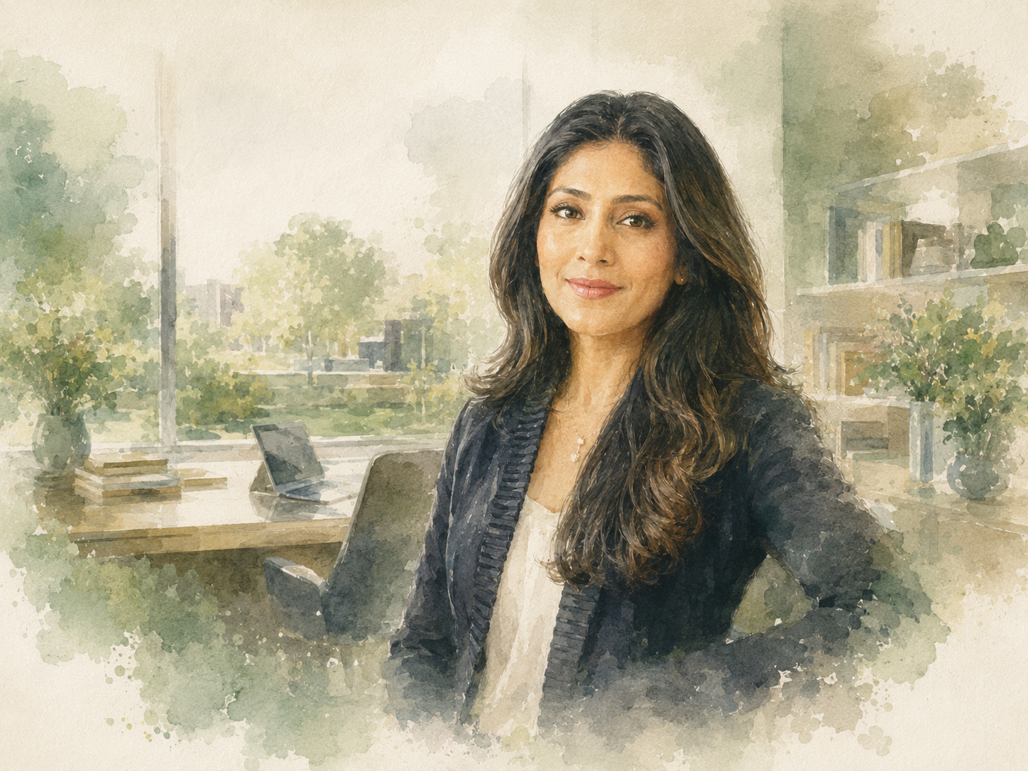 Watercolour portrait of Roshni Nadar Malhotra in a serene office suggesting technology, education and stewardship.