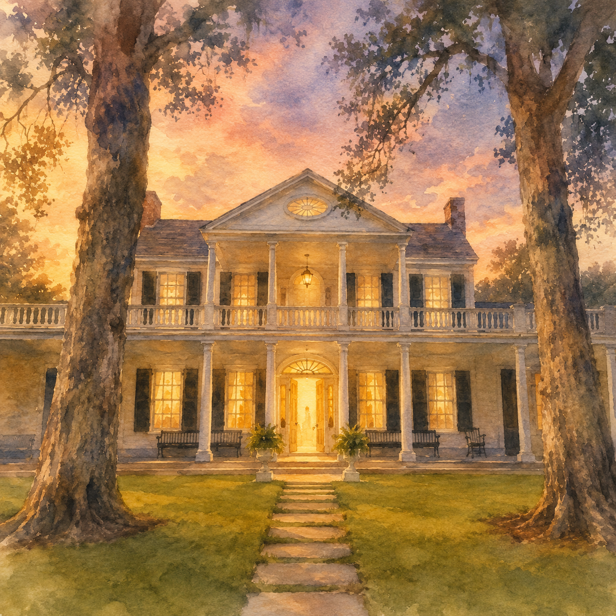 A grand house at dusk with an open illuminated doorway and light streaming onto the path