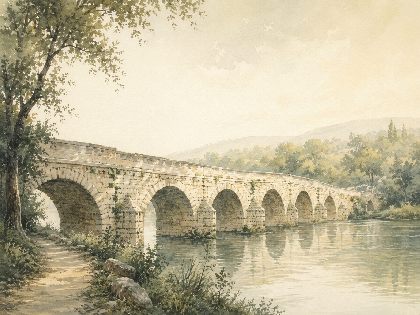 A timeless European stone bridge crossing a calm river in muted green, cream and grey watercolour