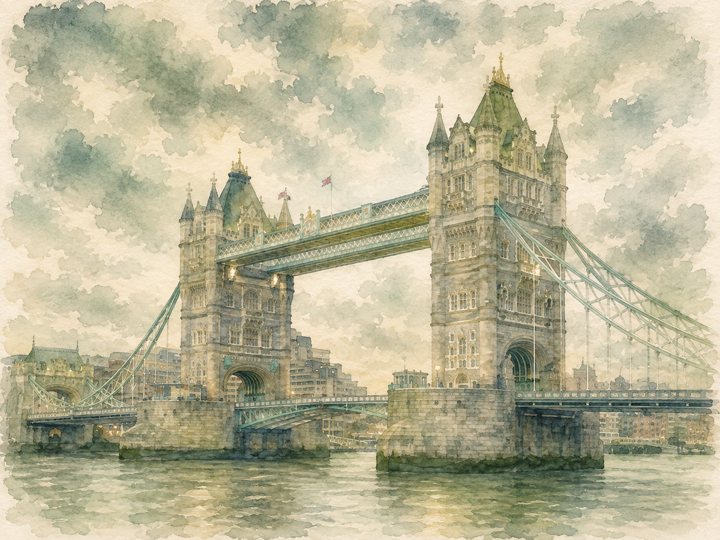 Watercolour illustration of Tower Bridge in London