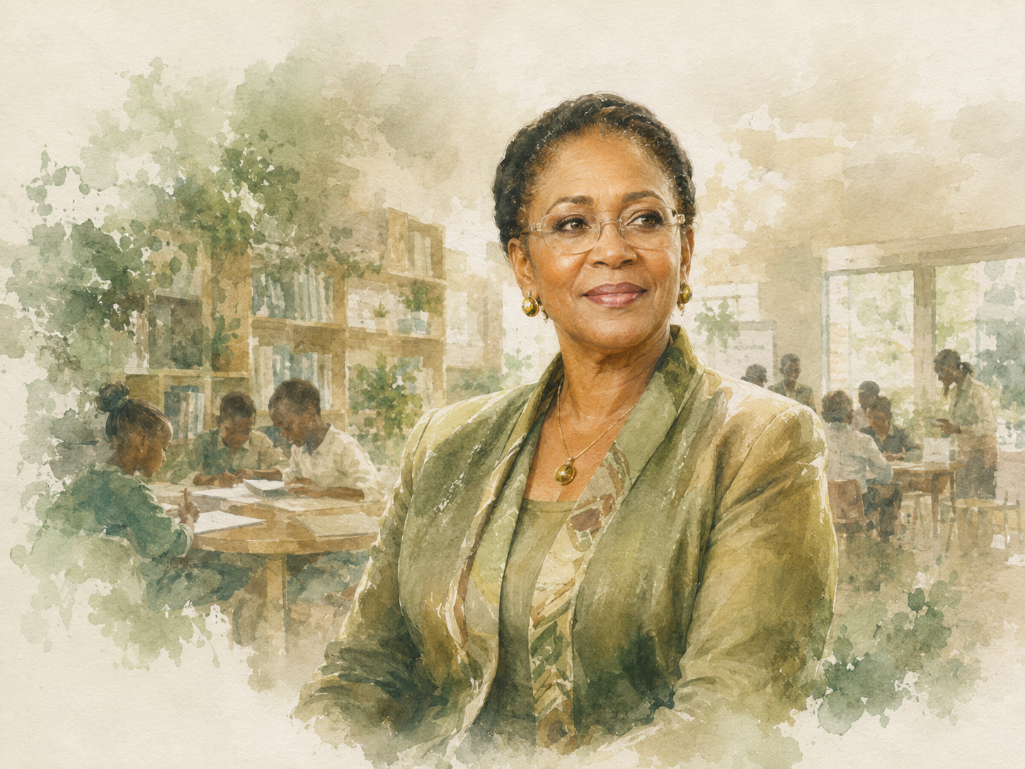 Watercolour portrait of Tsitsi Masiyiwa in an educational setting suggesting learning, capability and long-term impact.