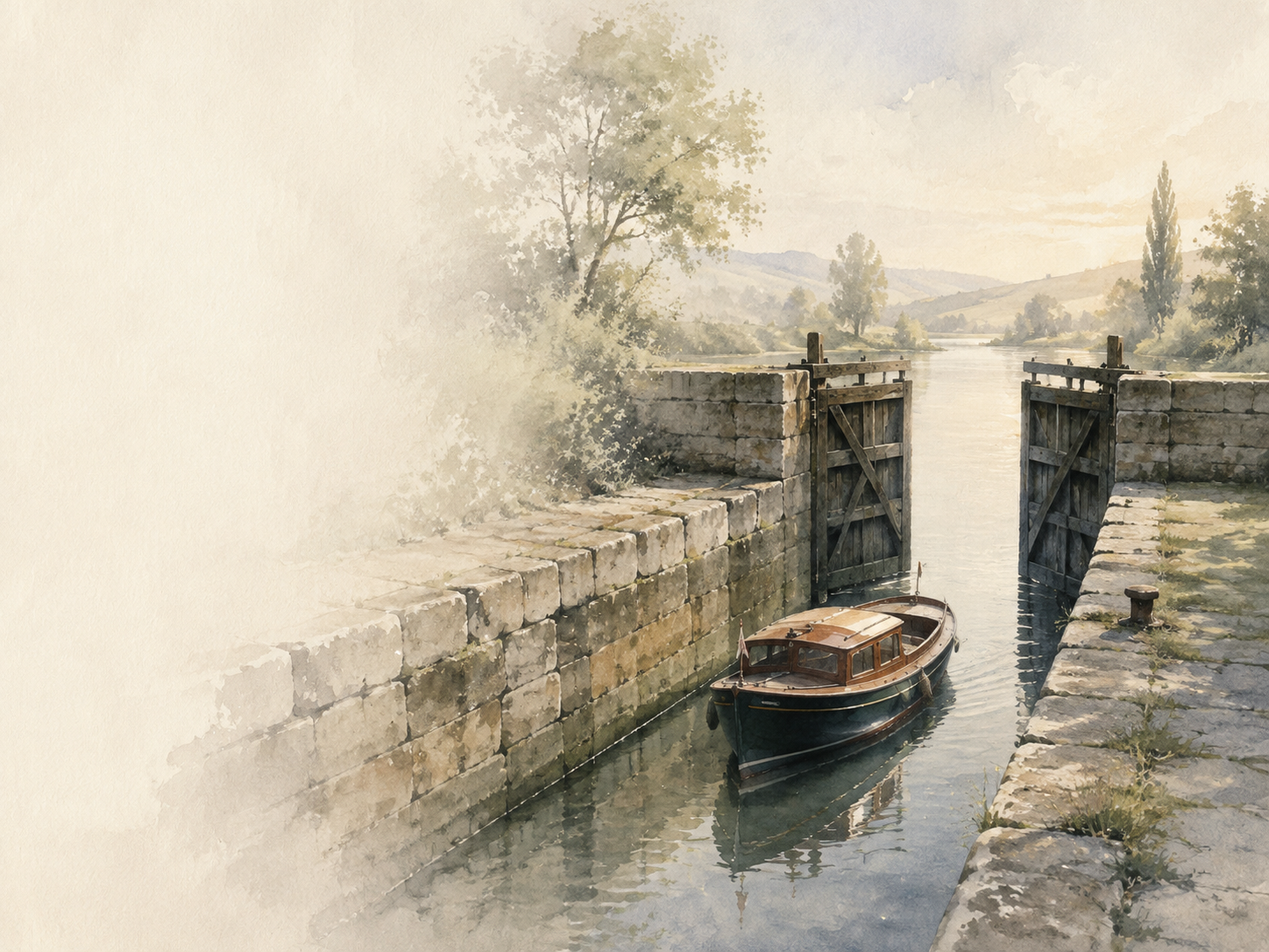 Historic stone canal lock with opening gates and a waiting vessel, symbolising prepared family succession